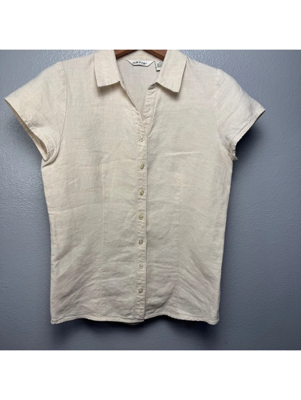 Orvis 100% Linen Short Sleeve Button Front Blouse Women’s Size 10 Beige - Picture 6 of 9